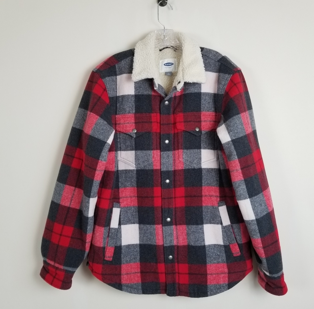 Old Navy Wool Blend Fleece Lined Plaid Jacket Snap Front Medium